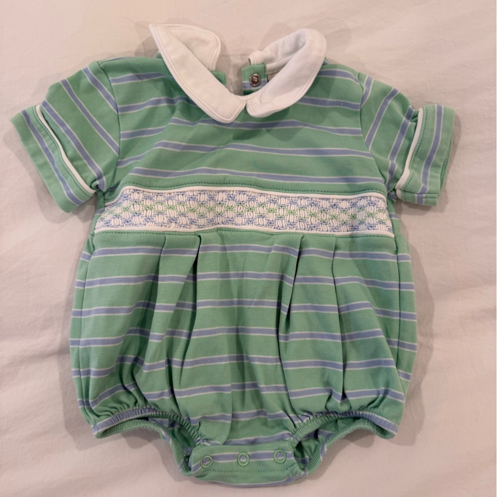 The Beaufort Bonnet Company Green and White Striped One Piece Bubble Romper